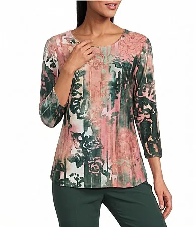 Burnout 3/4 Sleeve Crew Neck Knit Top