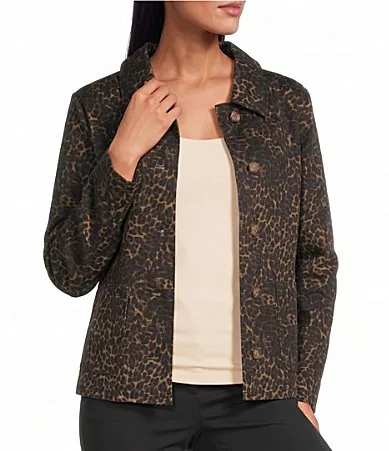 Animal Print Point Collar Long Sleeve Button Front Jacket by Intro