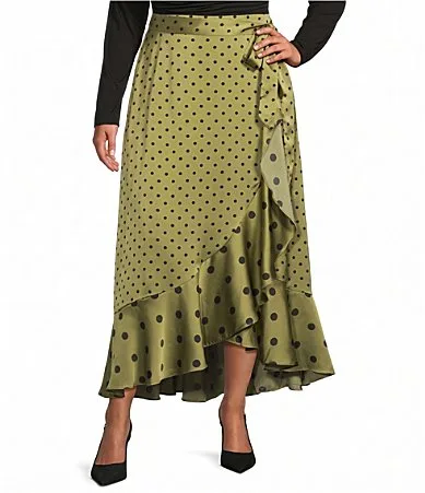 Lunear Polka Dot High Rise Asymmetric Faux Wrap Satin Midi Skirt by Sugarlips