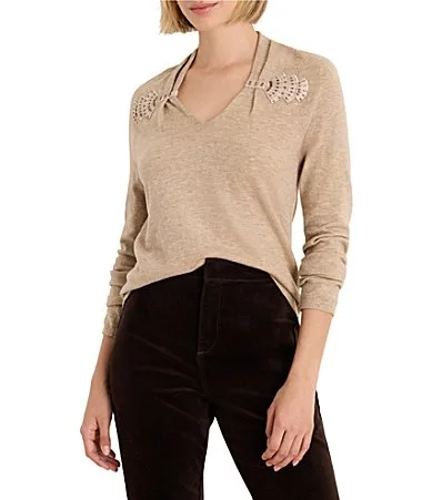 NIC ZOE V-Neck Embroidered Beaded Fan Detail Long Raglan Sleeve Fine Gauge Knit Sweater by NIC + ZOE