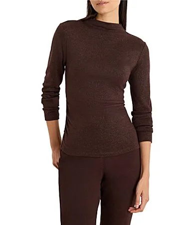 NIC ZOE Everyday Sparkle Funnel Neck Long Sleeve Ruched Knit Tee Top