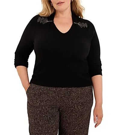 V-Neck Embroidered Beaded Fan Detail Long Raglan Sleeve Fine Gauge Knit Sweater by NIC + ZOE