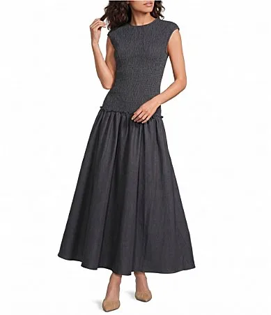 Denim Round Neck Sleeveless Drop Waist Maxi Dress by A Loves a