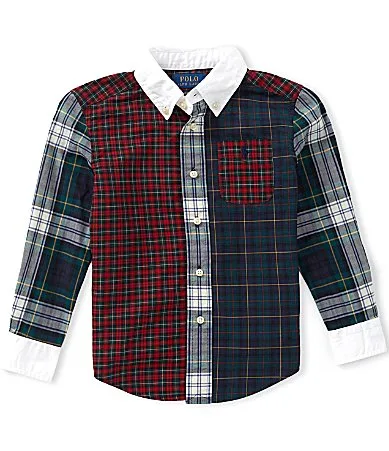 Long Sleeve Plaid Color Block Cotton Poplin Shirt by Polo Ralph Lauren