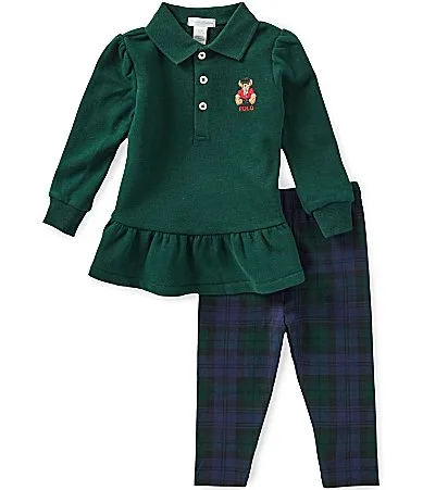 Puff Long Sleeve Polo Bear Peplum Top & Plaid Leggings Set by Ralph Lauren