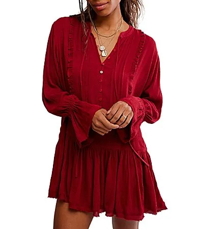Haute Heirloom Split Neck Long Sleeve Mini Shift Dress by Free People