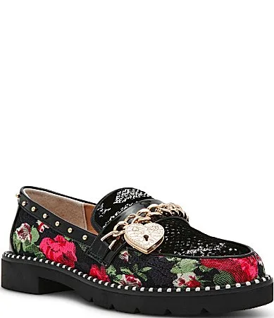 Alfie Floral Gold Chain Locket Embellished Loafers by Betsey Johnson