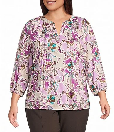 Floral Print 34 Sleeve Y-Neck Top by Allison Daley