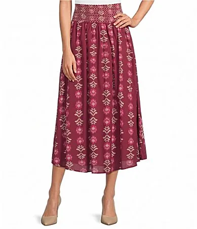 Smocked Waist Embroidered Midi Skirt by Jmarie