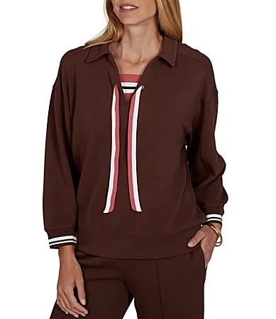 Stripe Trim Johnny Collar Long Sleeve Pullover Top by Ruby Rd