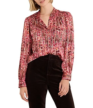 Woven Abstract Print Origami Pleat Button-Front Shirt by NIC + ZOE