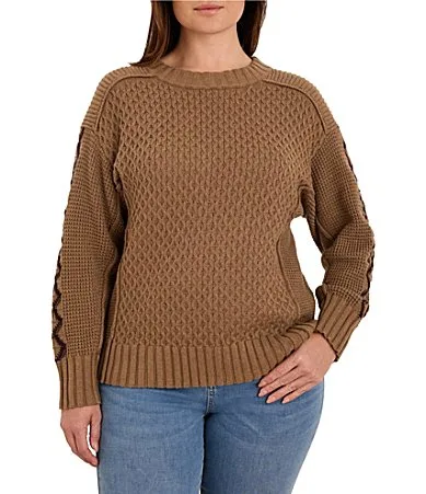 Cable Knit Round Neck Long Sleeve Criss Cross Sweater by NIC + ZOE