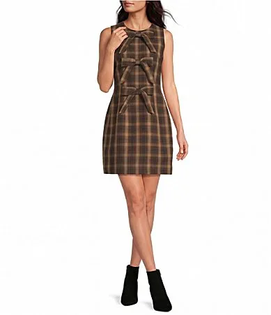 Plaid Triple Bow Front Scoop Neck Sleeveless A-Line Mini Dress by A Loves a