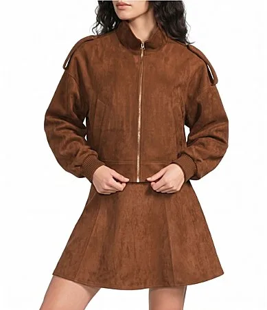 Suede Mock Neck Long Sleeve Coordinating Bomber Jacket