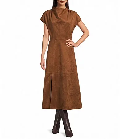 Suede Cowl Neck Cap Sleeve Fit and Flare Midi Dress by Le Alx