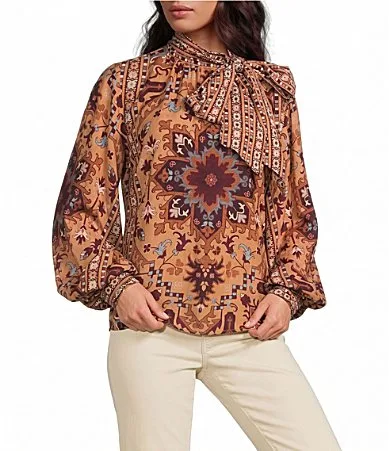 Printed Tie Neck Long Sleeve Coordinating Woven Top by A Loves a