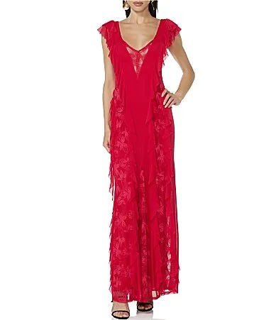 Trista Lace Ruffle V-Neck Cap Sleeve Maxi Dress by Afrm