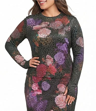 Kaylee Rose Printed Burnout Velvet Mesh Crew Neck Long Sleeve Coordinating Top by Afrm