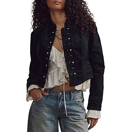 Cloud Nine Stand Collar Long Sleeve Ruffle Hem Corduroy Blazer by Free People