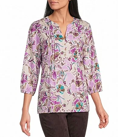 Floral Print 34 Sleeve Y-Neck Top by Allison Daley