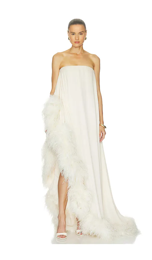 Banco Strapless Chiffon Gown with Feather Trim by Bronx Banco