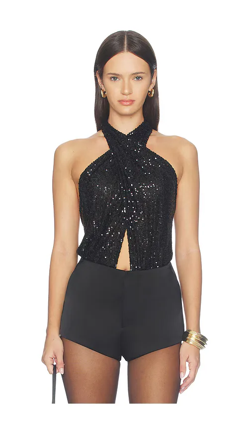 Mini Stretch Sequin Halter Cutout Bodysuit by Lapointe