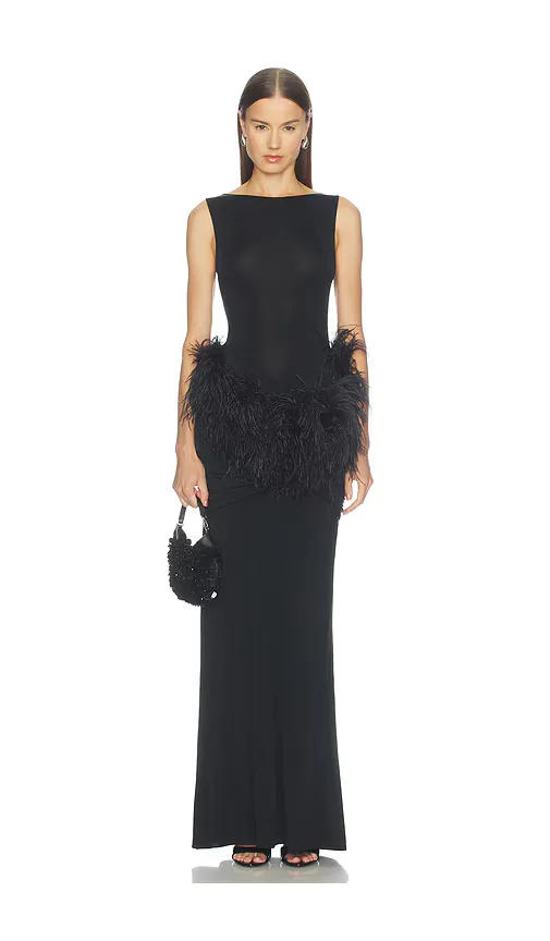Jersey Long Sleeve Shirred Hip Gown with Feathers by Lapointe