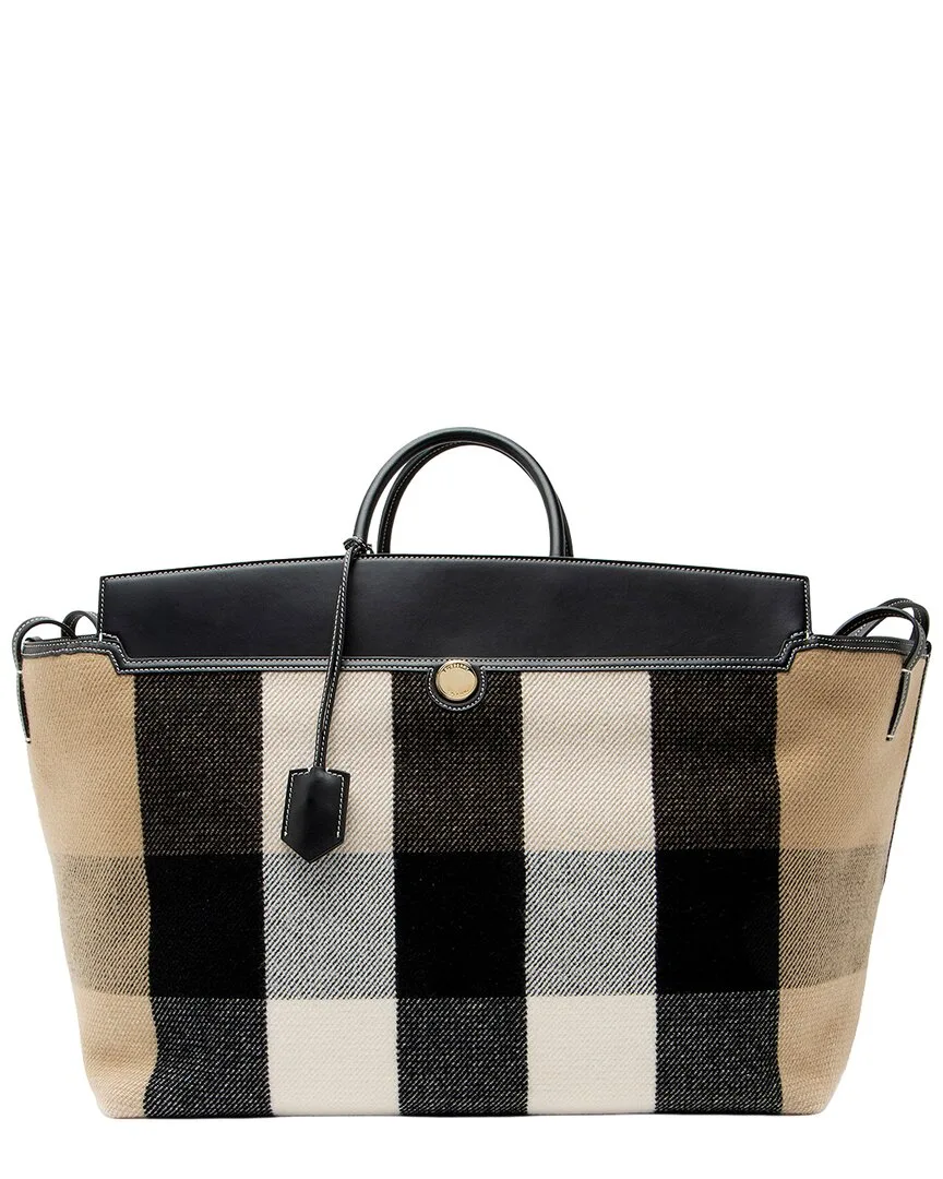 Beige, Black, White Leather & Wool Society Xl Tote (authentic Pre-Loved) by Burberry