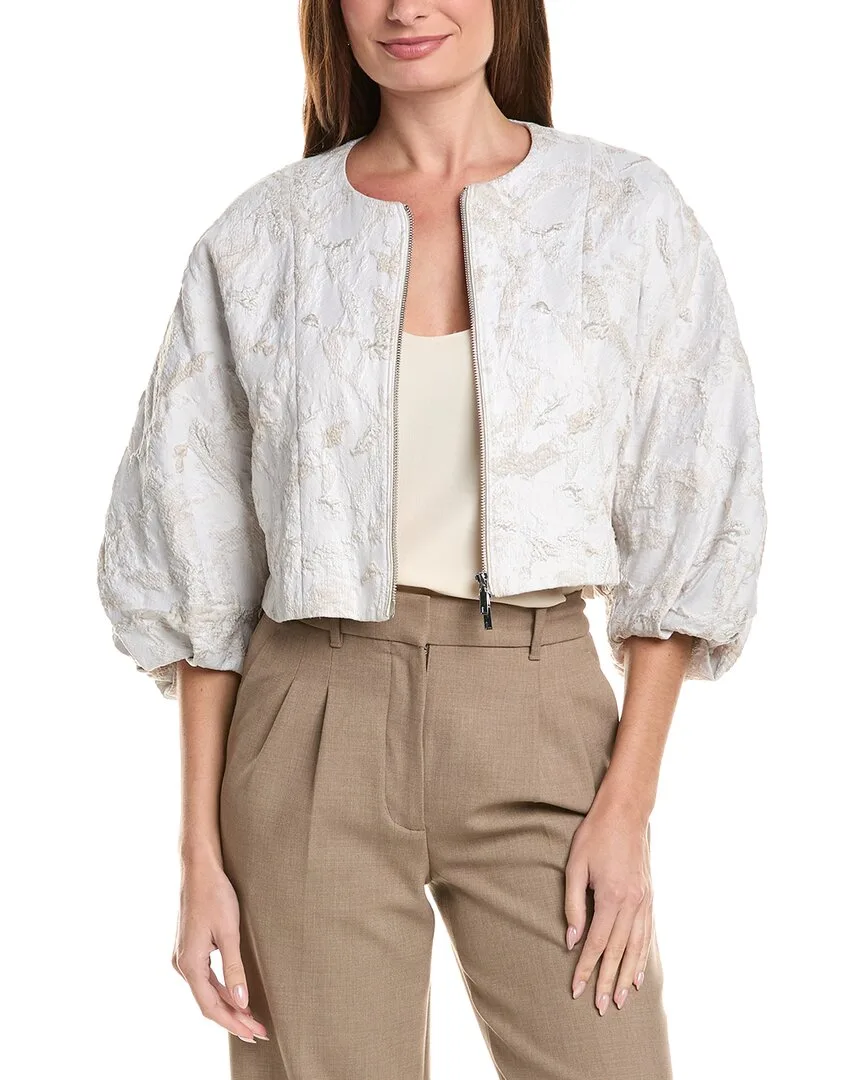 Short Balloon Sleeve Zip Front Silk-Blend Jacket by Lafayette 148 New York