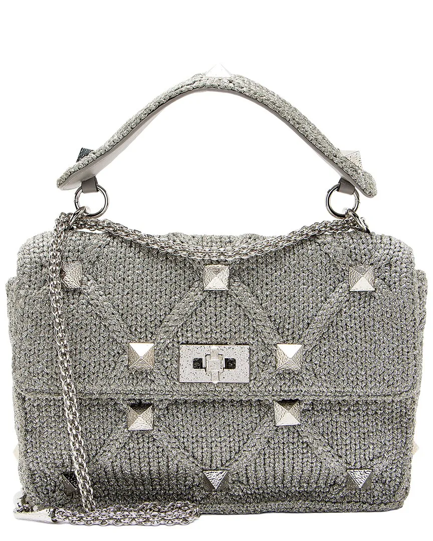 Silver Leather & Metallic Lurex Roman Stud Medium Shoulder Bag (authentic Pre-Loved) by Valentino
