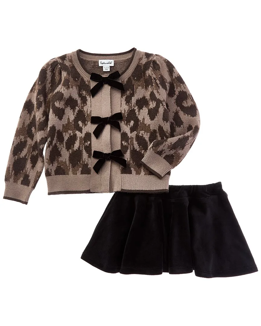 2Pc Leopard Bow Cardigan & Skirt Set by Splendid