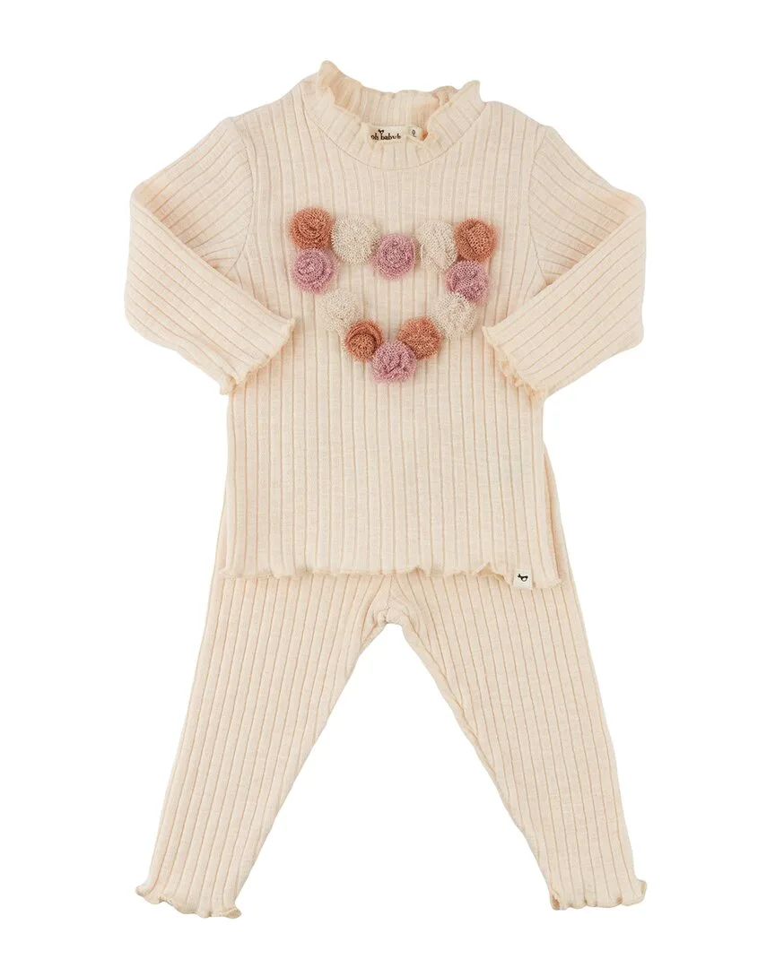 Poms Heart Lettuce-Edge Mock Neck 2Pc Set by Oh Baby
