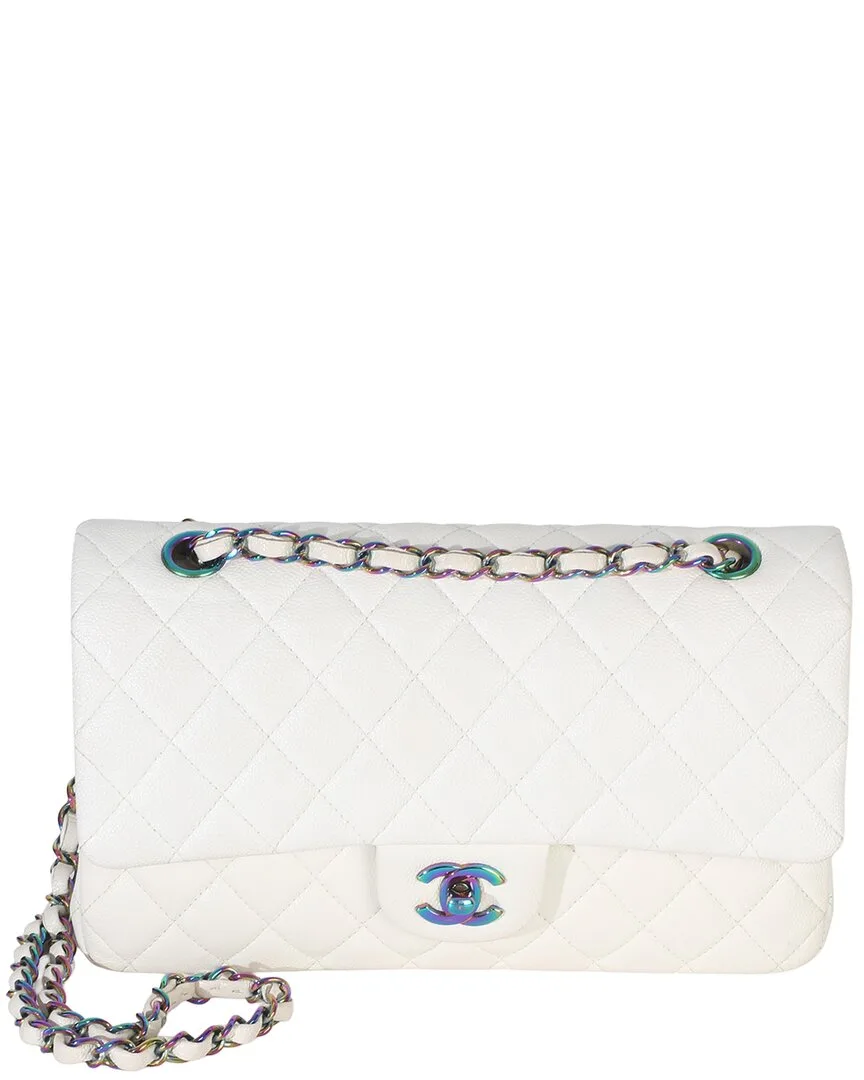 White Leather Quilted Caviar Rainbow Medium Classic Double Flap Bag (authentic Pre-Loved) by CHANEL