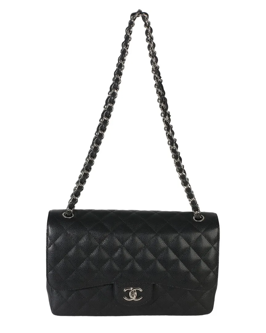 Black Leather Quilted Caviar Jumbo Double Flap Bag (authentic Pre-Loved) by CHANEL
