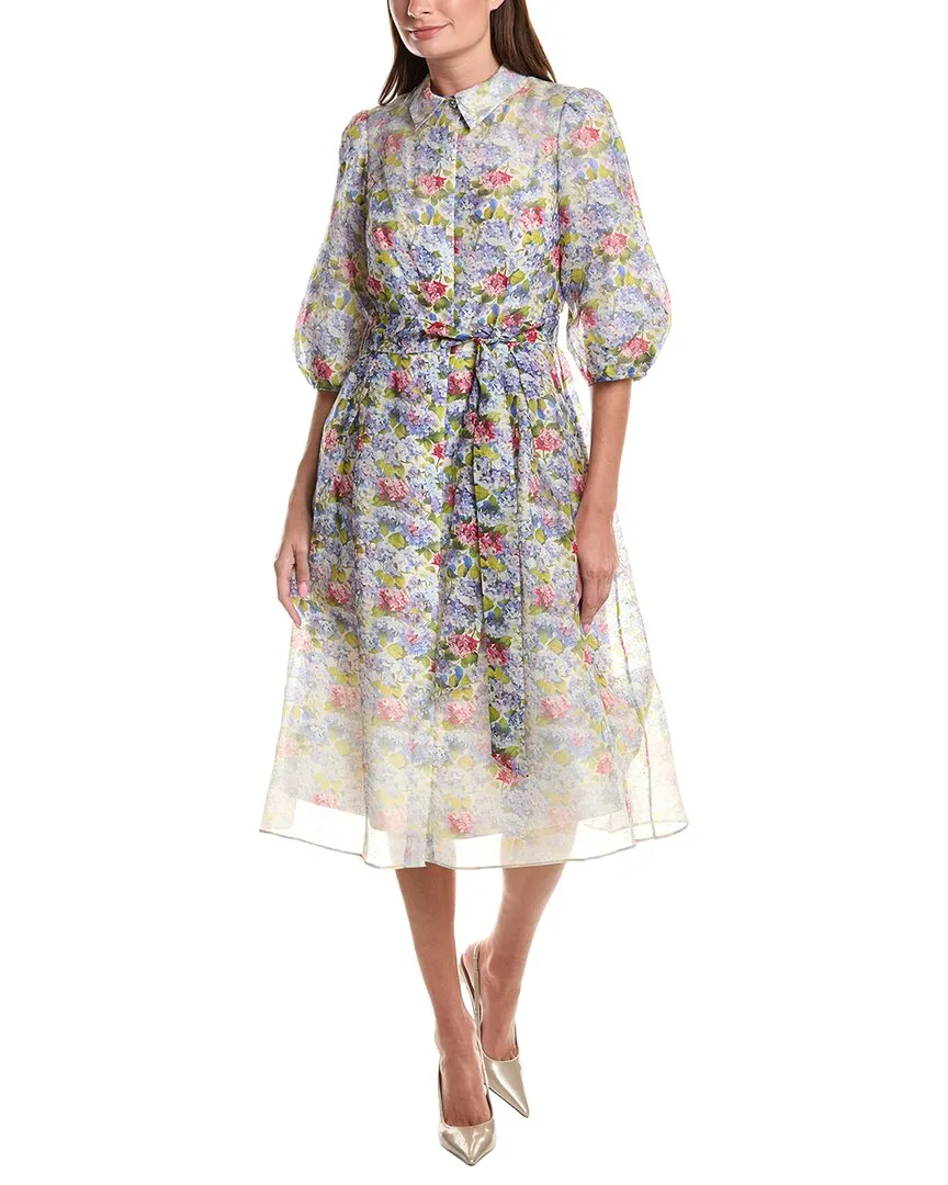 Print 3/4-Sleeve Silk & Linen-Blend Shirtdress by Teri Jon