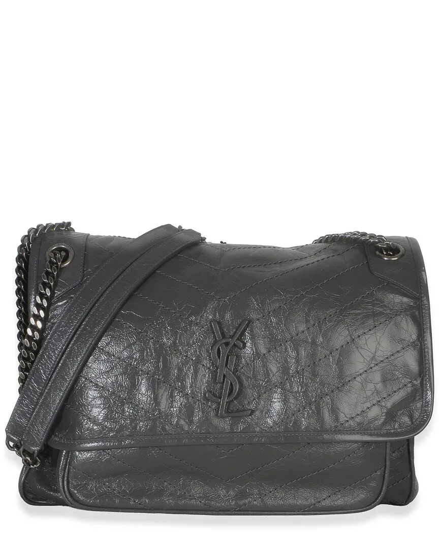 Gray Crinkled Calfskin Matelasse Large Niki Chain Satchel (authentic Pre-Loved) by Saint Laurent