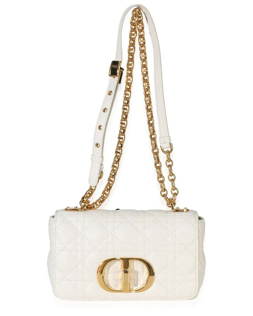 White Supple Calfskin Cannage Small Caro Chain Bag (authentic Pre-Loved) by Dior