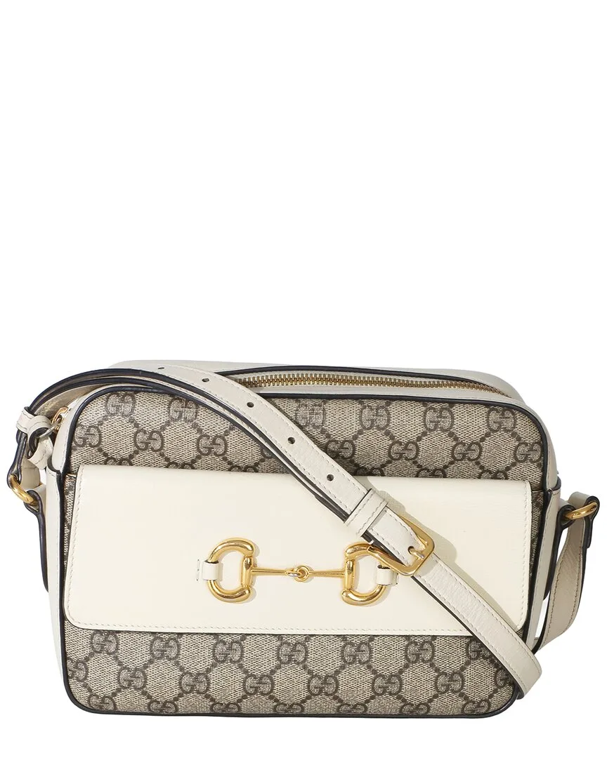 Beige & White Gg Supreme Canvas Small 1955 Horsebit Shoulder Bag (authentic Pre-Loved)