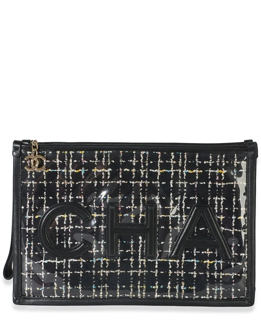 Black Tweed, Pvc & Lambskin Logo Large Pouch (authentic Pre-Loved) by CHANEL