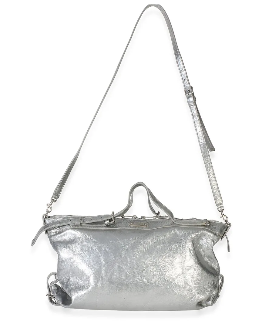 Silver Metallic Crinkled Calfskin Medium Id Shoulder Bag (authentic Pre-Loved)