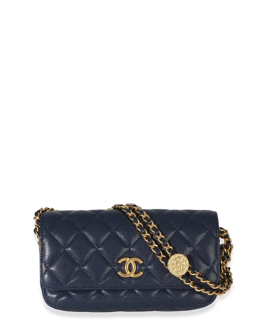 Blue Quilted Caviar Leather Twist Your Buttons Phone Holder with Chain (authentic Pre-Loved)
