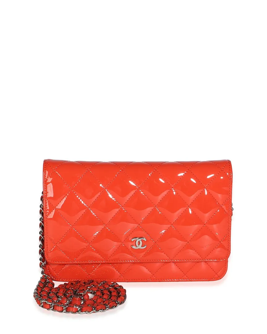 Orange Quilted Patent Leather Classic Wallet on Chain (authentic Pre-Loved) by CHANEL