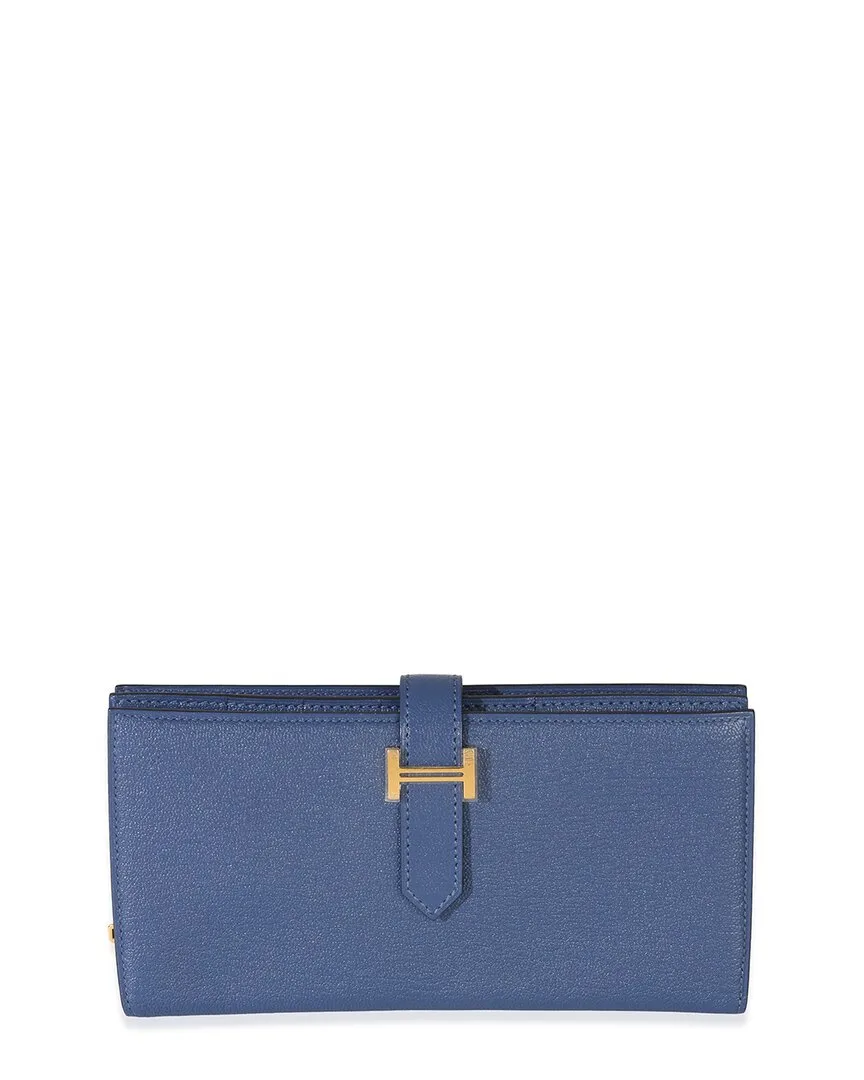 Blue Chevre Mysore Leather Bearn Wallet Ghw (authentic Pre-Loved) by Herms