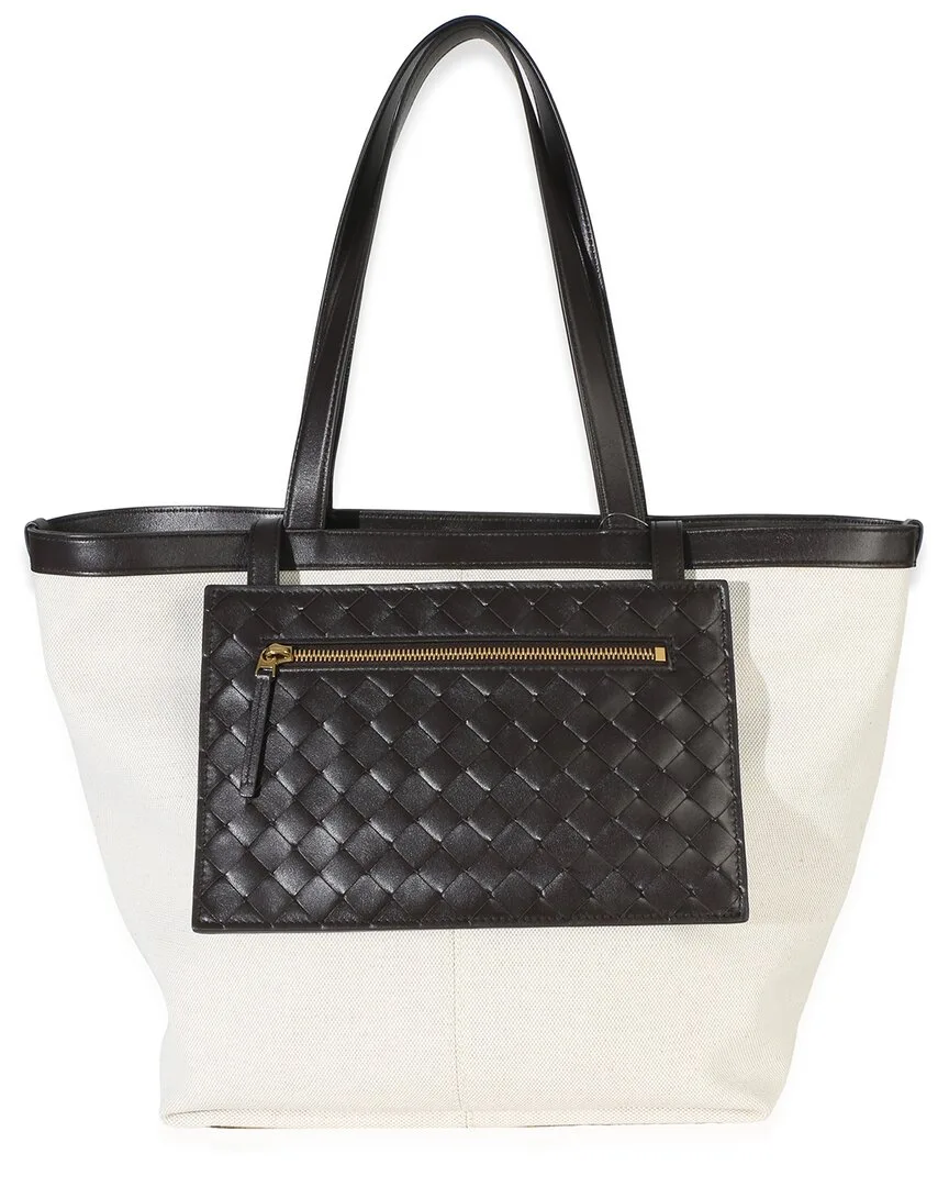 Beige & Neutral Canvas Mix Nappa Intrecciato Medium Flip Flap Tote (authentic Pre-Loved) by Bottega Veneta