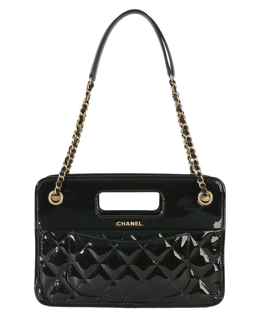 Black Quilted Patent Leather Graphic Catch Small Shopping Bag (authentic Pre-Loved) by CHANEL