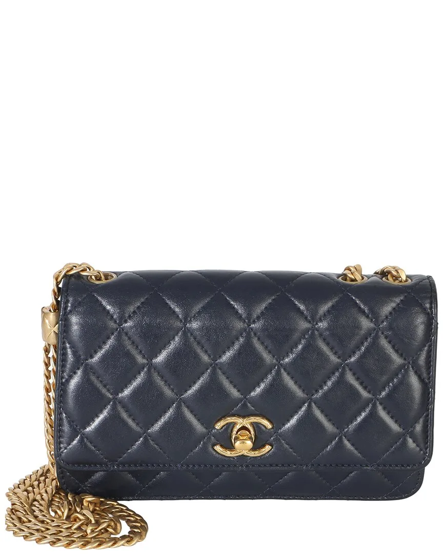 Blue Quilted Lambskin All Slide Long Wallet on Chain (authentic Pre-Loved) by CHANEL