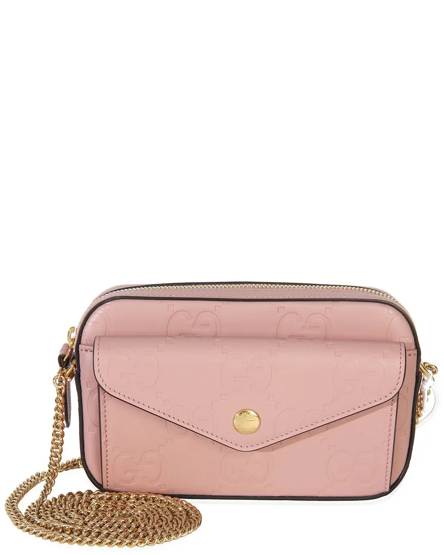 Pink Calfskin Debossed Gg Super Mini Chain Wallet (authentic Pre-Loved) by Gucci