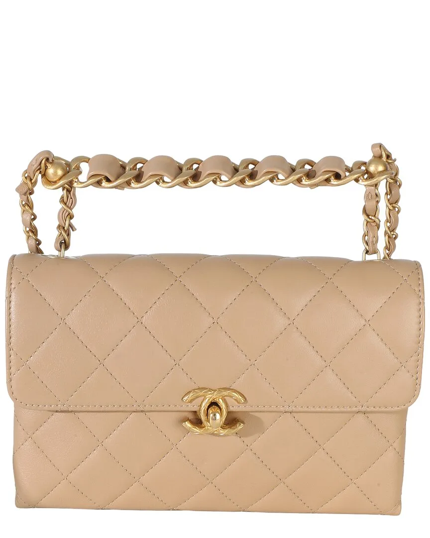 Beige Quilted Lambskin Chain Top Handle Small Flap Bag (authentic Pre-Loved)