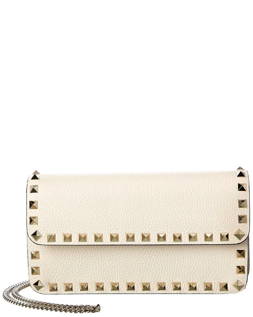 Rockstud Grainy Leather Wallet on Chain