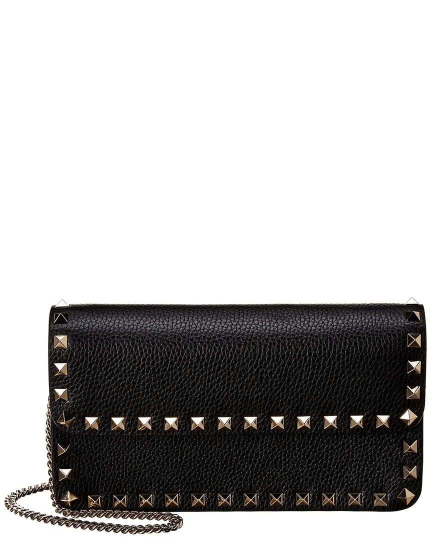 Rockstud Grainy Leather Wallet on Chain